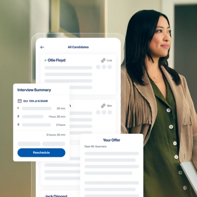 Recruiting Agent screen showing candidate tracking, interview scheduling, and an offer letter draft.
